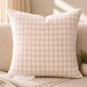 May include: A square decorative pillow with a pink and white gingham pattern. The pillow is on a beige sofa. A white feather rests on the sofa in front of the pillow. The pillow is approximately 18 inches square.