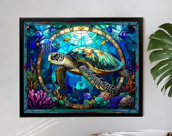Turtle Stained Glass Puzzle - 120/252/500 Pieces, Ocean Decor Gift, Underwater Art Puzzle, Marine Life Enthusiast, Family Game Night
