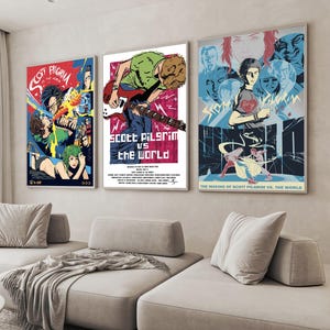 May include: Three framed movie posters from "Scott Pilgrim vs. the World" are displayed on a wall. The posters feature vibrant colors and stylized illustrations of characters and scenes from the film. The posters are rectangular and framed in white.