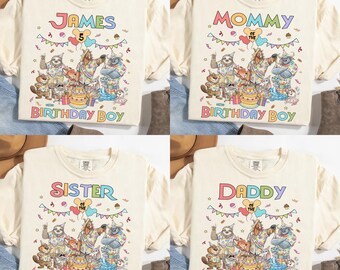 Camiseta personalizada de Disney Zootopia 2 con texto "Feliz cumpleaños", camiseta de regalo de cumpleaños de Nick Wilde, Juddy Hopps, Gary De'Snake, globo y pastel de cumpleaños a juego.