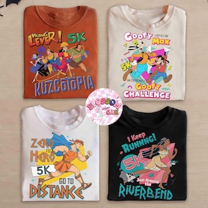 Puede incluir: Cuatro camisetas dobladas con diseños gráficos coloridos. Una es naranja con el texto "WRONG LEVER! 5K" y "KUZCOTOPIA". Otra es blanquecina con personajes de Goofy y el texto "GOOFY OFF TO THE MAX". Una tercera es blanca con Hércules y el texto "ZERO TO HERO 5K". La última es negra con Pocahontas y el texto "I KEEP RUNNING! 5K".