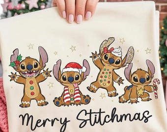 Camiseta navideña Comfort Colors® Disney Stitch con diseño de pan de jengibre, Camiseta Merry Stitchmas, Navidad de Lilo & Stitch, Navidad en Disneyland (WDW) para toda la familia