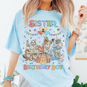 K&ouml;nnte beinhalten: Hellblaues T-Shirt mit dem Text "SISTER OF THE BIRTHDAY BOY" in bunten Buchstaben. Das Shirt zeigt eine Cartoon-Illustration verschiedener Tierfiguren, die einen Geburtstag feiern, mit Kuchen und Luftballons.