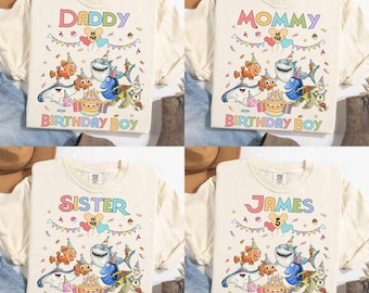 Personalisierter Disney Geburtstag Findet Nemo Geburtstags-Shirt, Nemo Marlin Dory Bros-Geburtstags-Geschenk-T-Stück, Ballon-Geburtstags-Kuchen-passendes Hemd