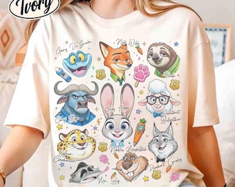 Comfort Colors Disney Zootopia-karaktärer Signaturskiss-tröja, Judy Hopps Nick Wilde Zotropolis Familjematchande t-shirt, WDW Disneyland-resa