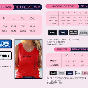 K&ouml;nnte beinhalten: Gr&ouml;&szlig;entabelle f&uuml;r Racerback-Tops f&uuml;r Damen, Unisex-Langarmshirts und Baby-T-Shirts. Enth&auml;lt Ma&szlig;e f&uuml;r Breite und L&auml;nge in Zoll. Verf&uuml;gbare Farben sind Schwarz, Rot, Marineblau, Athletic Heather, True Royal und Wei&szlig;.