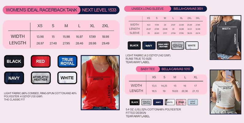 K&ouml;nnte beinhalten: Gr&ouml;&szlig;entabelle f&uuml;r Racerback-Tops f&uuml;r Damen, Unisex-Langarmshirts und Baby-T-Shirts. Enth&auml;lt Ma&szlig;e f&uuml;r Breite und L&auml;nge in Zoll. Verf&uuml;gbare Farben sind Schwarz, Rot, Marineblau, Athletic Heather, True Royal und Wei&szlig;.