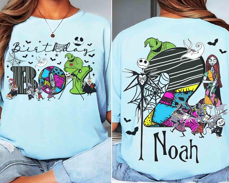 May include: A light blue t-shirt featuring The Nightmare Before Christmas characters. The front displays the text Birthday BOY with spiderwebs, bats, and characters. The back shows a large number 2 with the name Noah and various movie characters.