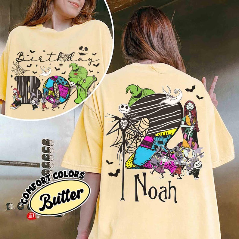 May include: A butter yellow t-shirt featuring a graphic print of characters from The Nightmare Before Christmas. The front displays the text Birthday BOO, while the back shows a large number 2 with the name Noah and various movie characters.