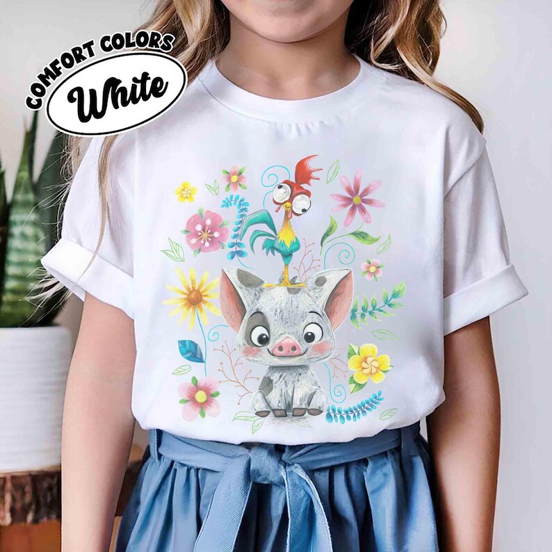 Comfort Colors Disney Pua Pig & HeiHei Chicken Cute Pose Flower Shirt, Moana Princess Gift Tee, Moana Movie 2026, WDW Disneyland Family Trip image 3