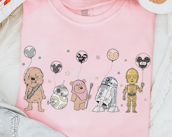 Star wars Characters With Balloons Shirt, Cute C3PO R2D2 Chewbacca Ewok tee, Disney Galaxy's Edge Trip, Disneyland Family 2026 Vacation Tee