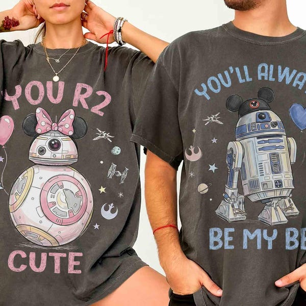 Comfortkleur Star Wars Droids R2-D2 en BB8 paarshirt, Star Wars-valentijnscadeaus voor koppels, Disney Hollywood Studios Galaxy's Edge Trip