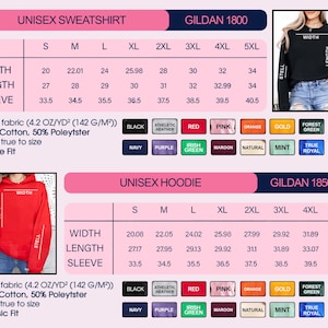 K&ouml;nnte beinhalten: Gr&ouml;&szlig;entabelle f&uuml;r Gildan Unisex-Sweatshirts und -Hoodies, mit Breiten-, L&auml;ngen- und &Auml;rmelma&szlig;en in cm. Verf&uuml;gbare Farben sind Schwarz, Rot und Marine. Stoff ist 4,2 OZ/YD&sup2; (142 g/m&sup2;), 50 % Baumwolle und 50 % Polyester.
