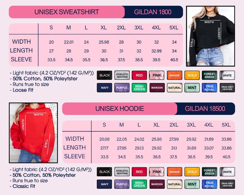 K&ouml;nnte beinhalten: Gr&ouml;&szlig;entabelle f&uuml;r Gildan Unisex-Sweatshirts und -Hoodies, mit Breiten-, L&auml;ngen- und &Auml;rmelma&szlig;en in cm. Verf&uuml;gbare Farben sind Schwarz, Rot und Marine. Stoff ist 4,2 OZ/YD&sup2; (142 g/m&sup2;), 50 % Baumwolle und 50 % Polyester.