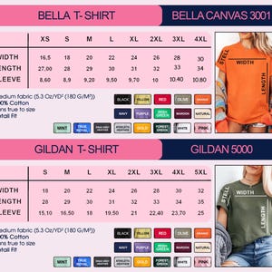 K&ouml;nnte beinhalten: Eine Gr&ouml;&szlig;entabelle f&uuml;r Bella- und Gildan-T-Shirts mit Ma&szlig;en in Zentimetern f&uuml;r Breite, L&auml;nge und &Auml;rmell&auml;nge. Enth&auml;lt Farbmuster f&uuml;r verschiedene T-Shirt-Optionen.