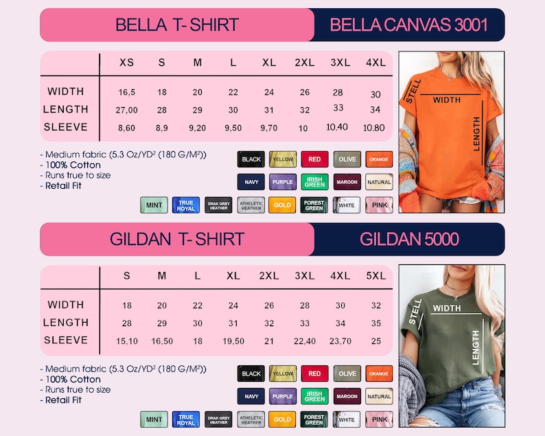 K&ouml;nnte beinhalten: Eine Gr&ouml;&szlig;entabelle f&uuml;r Bella- und Gildan-T-Shirts mit Ma&szlig;en in Zentimetern f&uuml;r Breite, L&auml;nge und &Auml;rmell&auml;nge. Enth&auml;lt Farbmuster f&uuml;r verschiedene T-Shirt-Optionen.