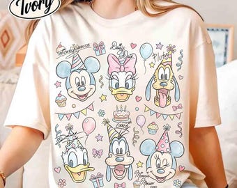 Camiseta de cumpleaños con la firma de Mickey y sus amigos en acuarela, regalo de cumpleaños de Disney Mickey, Minnie, Donald y Pluto, viaje familiar a Disneyland