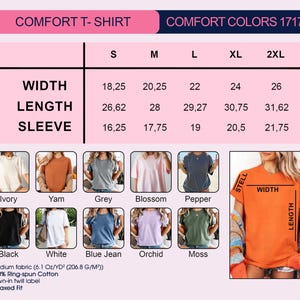 K&ouml;nnte beinhalten: Produktbild eines Comfort T-Shirts in Farben wie Ivory, Yam, Grau und Schwarz. Die Gr&ouml;&szlig;entabelle zeigt Breiten-, L&auml;ngen- und &Auml;rmelma&szlig;e in cm, von S bis 2XL. Das Shirt besteht aus mittelschwerem Stoff und Ringspun-Baumwolle. Der Text lautet 'Comfort T-Shirt'.