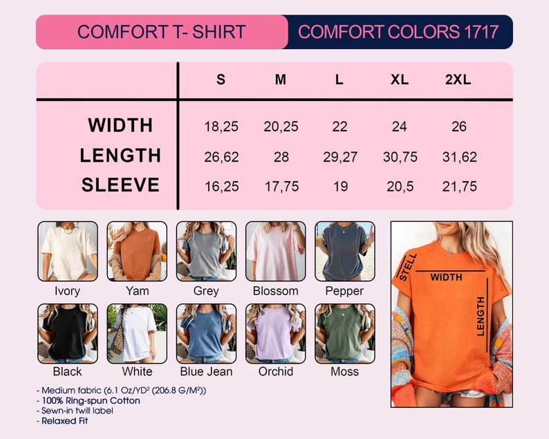 K&ouml;nnte beinhalten: Produktbild eines Comfort T-Shirts in Farben wie Ivory, Yam, Grau und Schwarz. Die Gr&ouml;&szlig;entabelle zeigt Breiten-, L&auml;ngen- und &Auml;rmelma&szlig;e in cm, von S bis 2XL. Das Shirt besteht aus mittelschwerem Stoff und Ringspun-Baumwolle. Der Text lautet 'Comfort T-Shirt'.