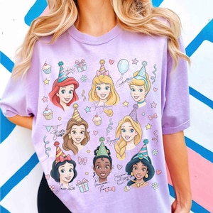 Comfort colors Disney Princess Signature Birthday Shirt, Belle Ariel Snow White Princess Birthday Present Gifts Tee, Disneyland Girls Trip image 2