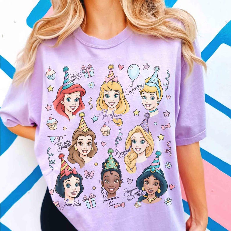 Comfort colors Disney Princess Signature Birthday Shirt, Belle Ariel Snow White Princess Birthday Present Gifts Tee, Disneyland Girls Trip image 2