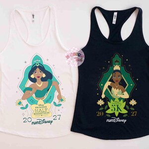 May include: Two athletic tank tops. One is white with a teal and gold graphic of Princess Jasmine and the text "Disney Princess Half Marathon". The other is black with a green and gold graphic of Princess Tiana and the text "Disney Princess 5K".