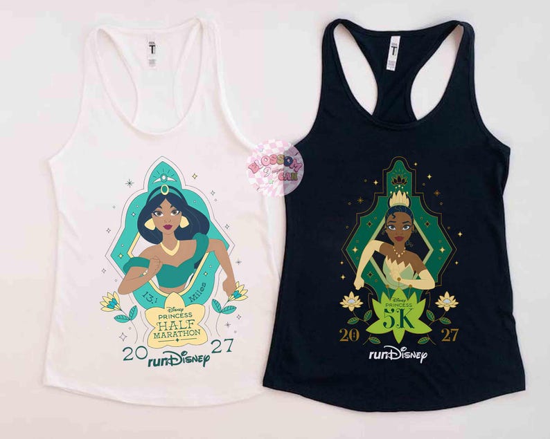 May include: Two athletic tank tops. One is white with a teal and gold graphic of Princess Jasmine and the text "Disney Princess Half Marathon". The other is black with a green and gold graphic of Princess Tiana and the text "Disney Princess 5K".