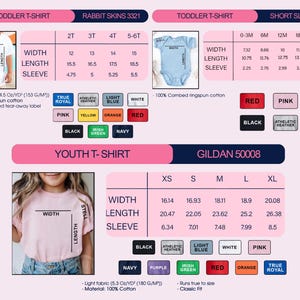 K&ouml;nnte beinhalten: Ein Produktkatalog mit T-Shirts f&uuml;r Kleinkinder und Jugendliche sowie Kurzarm-Bodys. Der Katalog enth&auml;lt Gr&ouml;&szlig;entabellen mit Ma&szlig;en in Zoll f&uuml;r Breite, L&auml;nge und &Auml;rmell&auml;nge. Farboptionen werden ebenfalls angezeigt.