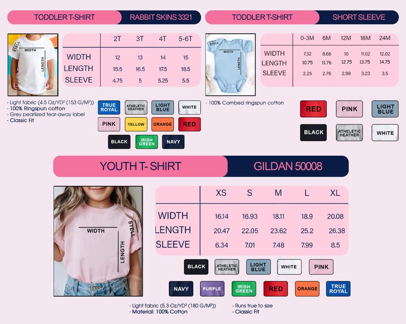 K&ouml;nnte beinhalten: Ein Produktkatalog mit T-Shirts f&uuml;r Kleinkinder und Jugendliche sowie Kurzarm-Bodys. Der Katalog enth&auml;lt Gr&ouml;&szlig;entabellen mit Ma&szlig;en in Zoll f&uuml;r Breite, L&auml;nge und &Auml;rmell&auml;nge. Farboptionen werden ebenfalls angezeigt.