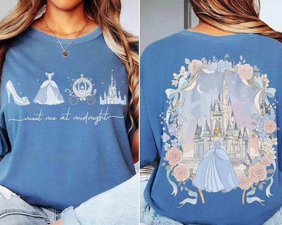 2-Sided Disney Meet me at Midnight Shirt, Coquette Bow Cinderella Princess Flower Tee, Magical Castle T-shirt, Gift For Her, WDW Girl Trip
