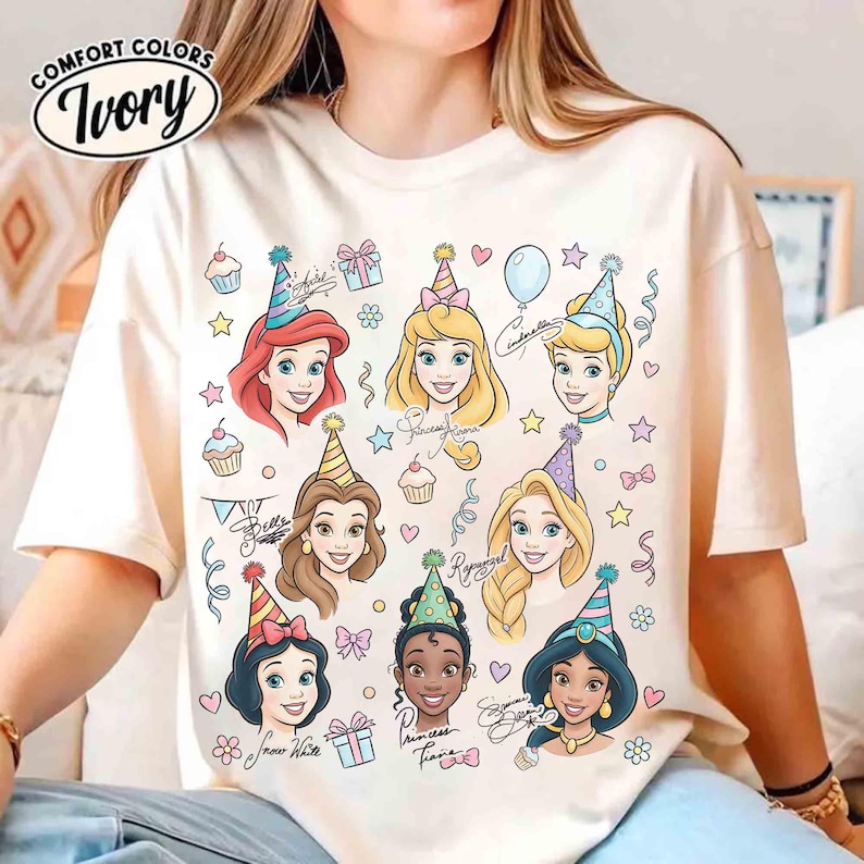 Comfort colors Disney Princess Signature Birthday Shirt, Belle Ariel Snow White Princess Birthday Present Gifts Tee, Disneyland Girls Trip image 1