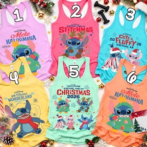 May include: Six racerback tank tops featuring Disney's Stitch in various holiday themes. Colors include light purple, pink, bright blue, yellow, mint green, and peach. Each shirt displays unique graphics with text like Mele Kalikimaka, Stitchmas, and Ohana Wonderland.