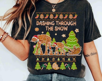 Dashing Through The Snow Ugly Sweater Christmas Shirt, Star Wars Darth Vader And AT-AT Walker Gingerbread Tee, Galaxy's Edge Family Trip Tee