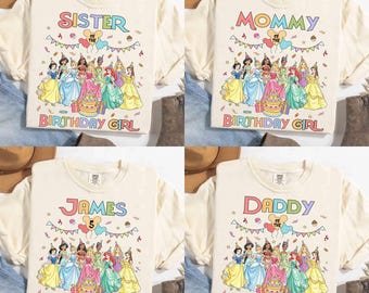 Personalisiertes Disney Princess Group Geburtstags-Shirt, Schneewittchen Ariel Elsa Belle Prinzessin Geburtstagsgeschenk Geschenk Tee, Ballon Geburtstagskuchen T-Shirt