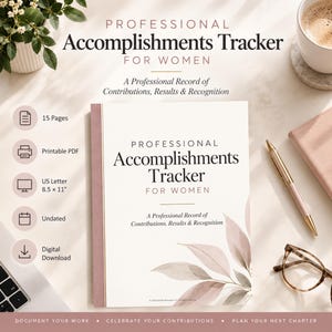 May include: A Professional Accomplishments Tracker for Women document featuring a white cover with mauve leaf illustrations, black serif text, and a mauve spine. The document lists 15 pages, printable PDF, US Letter 8.5 x 11 inches, undated, and digital download.