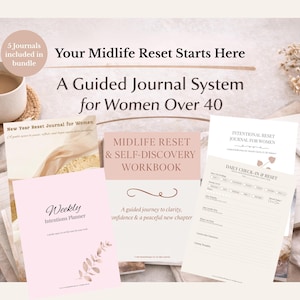 May include: A bundle of five journals and workbooks titled Your Midlife Reset Starts Here, A Guided Journal System for Women Over 40. Includes a New Year Reset Journal, Midlife Reset & Self-Discovery Workbook, Weekly Intentions Planner, and Daily Check-In & Reset page.