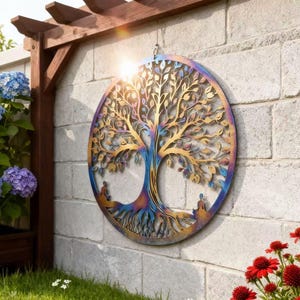 Metalowa zawieszka ścienna "Drzewo Życia" w kolorze ciepła, metalowa dekoracja ogrodowa, metalowa dekoracja ścienna, unikatowa dekoracja ogrodowa, ręcznie robiona metalowa dekoracja