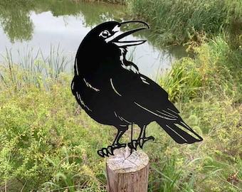 Raven Crow Metal Stake, Metal Crow Garden Tree Stake, Crow Silhouette, Spooky Outdoor Garden Decor, Halloween Yard Art, Fence Topper Decor