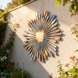 Heat Colored Metal Wacky Sun Outside Wall Art, Metal Wall Decor, Unique Patio & Garden Decor, Whimsical Spiral Sun, Colorful Flower Decor image 4