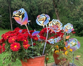 Set of 4 Colorful Metal Flower Stakes, Heat Colored Metal Silhouette for Flower Bed Decor, Yard Art Outside Garden Stake, Rose Flower Sign