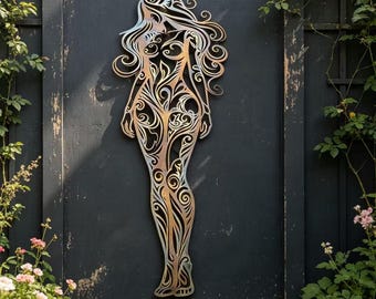 Goddess Design, Unique Female Line Design, Garden Wall Hanging, Entryway Decoration, Heat Colored Metal Wall Art, Beautiful Woman