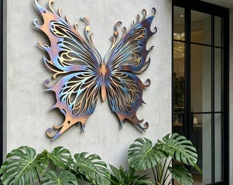 Shining Metal Butterfly Sign, Colorful Butterfly Silhouette Wall Hanging, Outside Garden Metal Art, Heat Colored Metal Wall Art