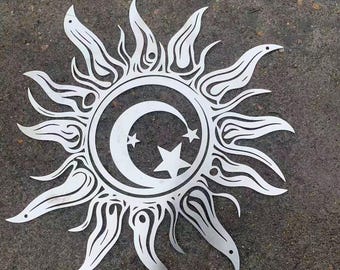 Sliver Big Metal Sun Wall Decor, Metal Moon Sign, Metal Wacky Moon Wall Art, Outside Garden Decor, Handmade Metal Moon Silhouette