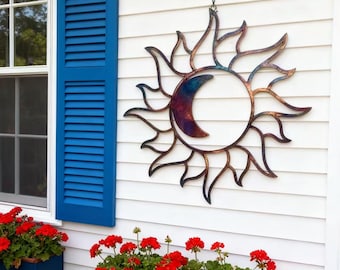 Colorful Sun with Moon Metal Sign, Wacky Sun Wall Art, Yard Decor, Heated Color Metal Art, Wall Hanging Metal Flower Garden Sign