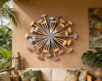 Heat Colored Metal Sun Flower Outside Wall Art, Outside Wall Decor, Unique Patio & Garden Decor, Colorful Flower Silhouette