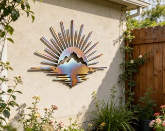 Metal Sunrise With View Wall Decor, Heat Colored Metal Sunrise Sign, Garden Wall Art, Handmade Yard Hanging Metal Sunrise Art, Room Decor