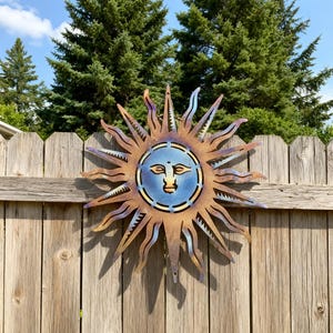 Metal Sun Outside Decor, Heat Colored Metal Wall Art, Handmade Steel Sun Art, Yard Patio Garden Decor, Whimsical Sun Face Wall Hanging Sign