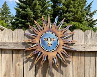 Metal Sun Outside Decor, Heat Colored Metal Wall Art, Handmade Steel Sun Art, Yard Patio Garden Decor, Whimsical Sun Face Wall Hanging Sign