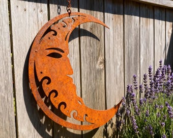 Rusty Moon Face Wall Art, Metal Moon Sign, Rust Art Yard Wall Decor, Outside Garden Decor, Handmade Metal Moon Silhouette