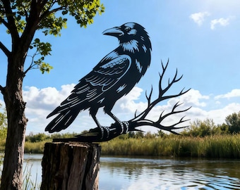 Raven Crows On Tree Branches, Metal Garden Yard Art, Large Crow Fence Post Topper, Halloween Yard Art, Halloween Decor, Outdoor Metal Raven